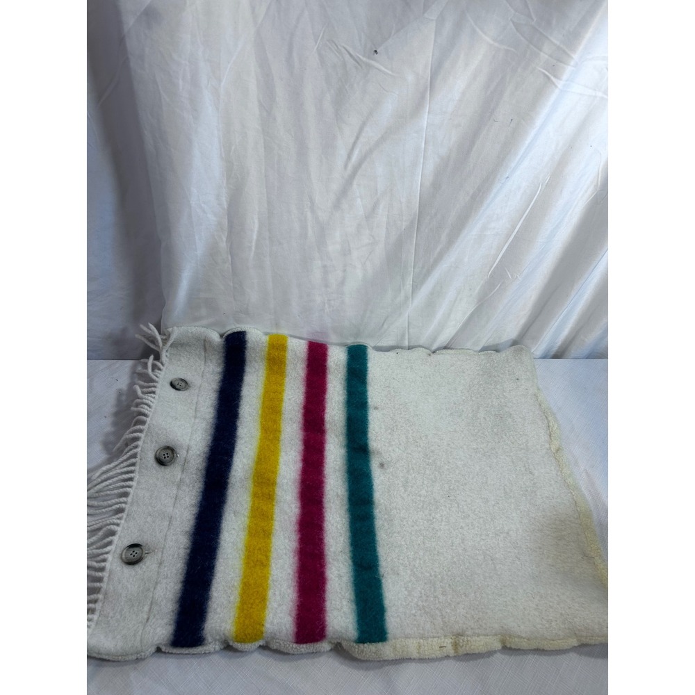 Hudson's Bay Caribou 18x22 Cream Multi Stripe Wool Fringed Button pillowcase